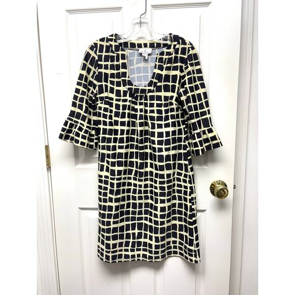 Jude Connally Dress Navy Cream Geometric Print Stretch Scoop Neck Ruffle Size S - Picture 1 of 5